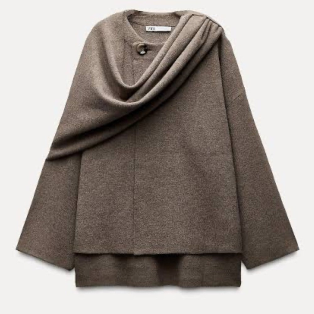 Zara Knitted Scarf Coat Womens S M Taupe Draped Wool Blend Short Jacket Chic